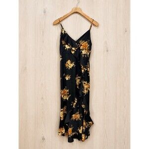 By The River Floral Silky Sexy Midi Dress Sleeveless Black Gold Fairygoth Medium